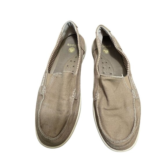 Crocs Women's Santa Cruz Slip-On Loafers Tan Canvas Casual Shoes Size 9 - Picture 1 of 11
